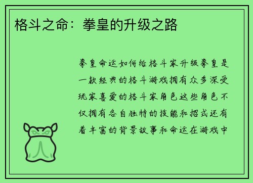 格斗之命：拳皇的升级之路